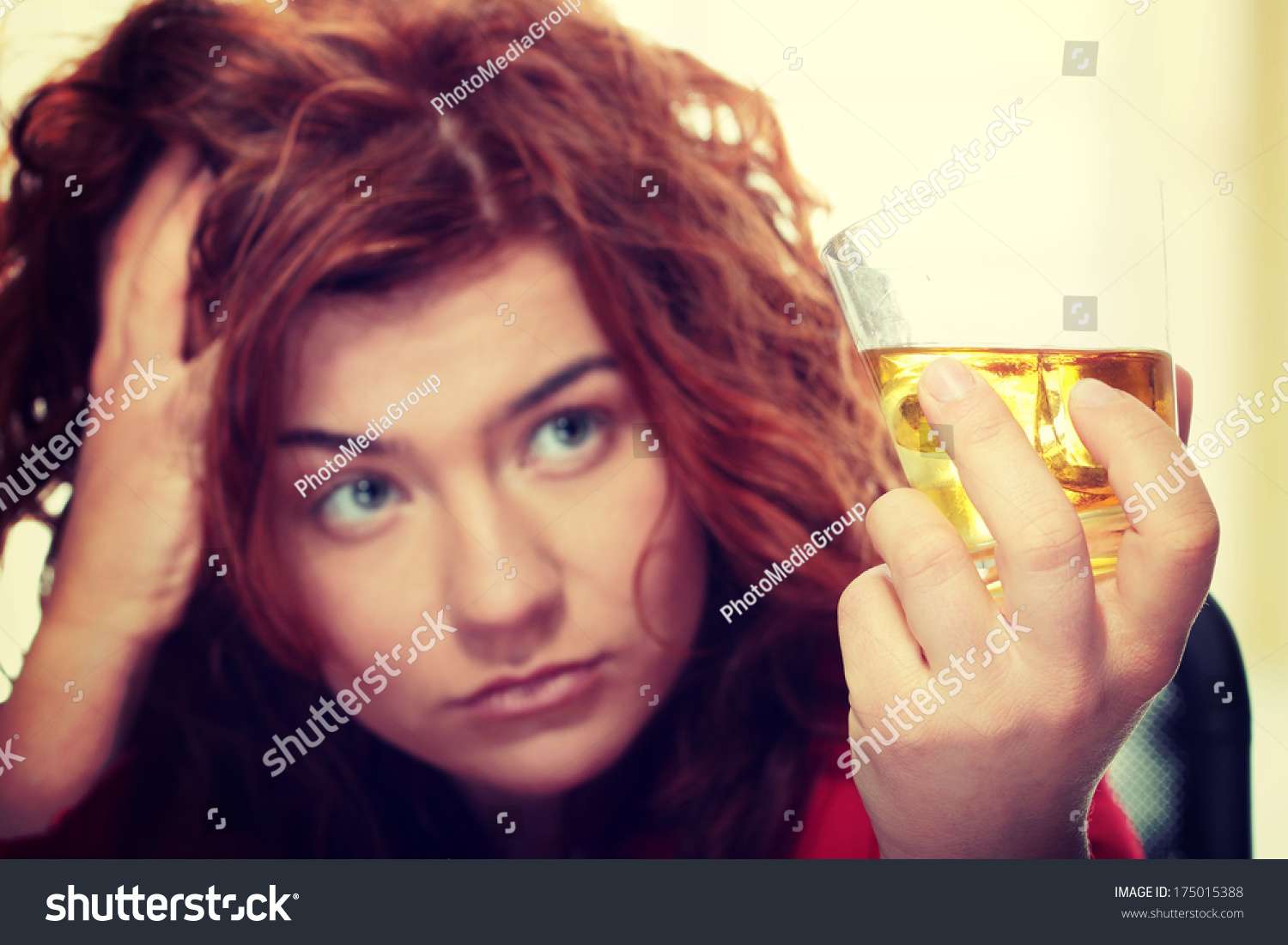 Alone Young Woman Depression Drinking Alcohol Stock Photo ...