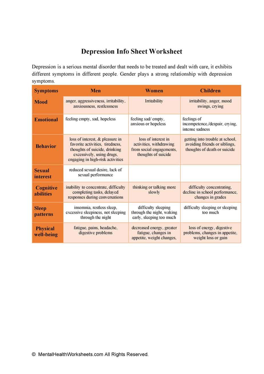 Depression Info Sheet Worksheet