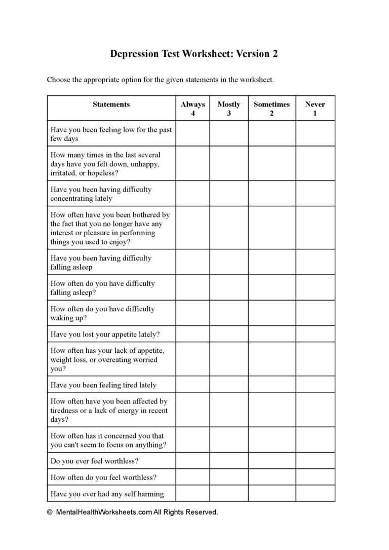 Depression Test Worksheet: Version 2