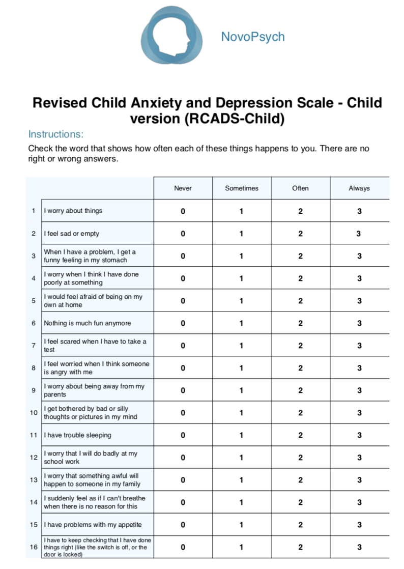 Revised Child Anxiety and Depression Scale  Child (RCADS ...