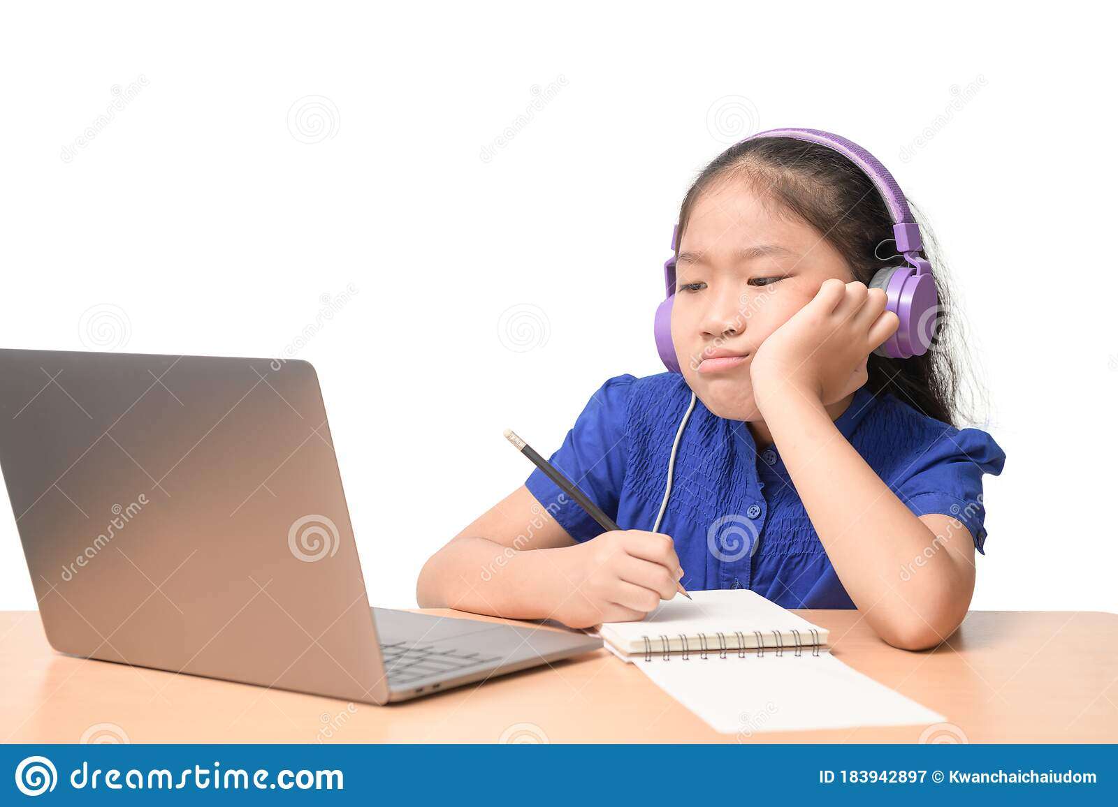 School Girl Watching Online Education Classes Feeling Bored And ...