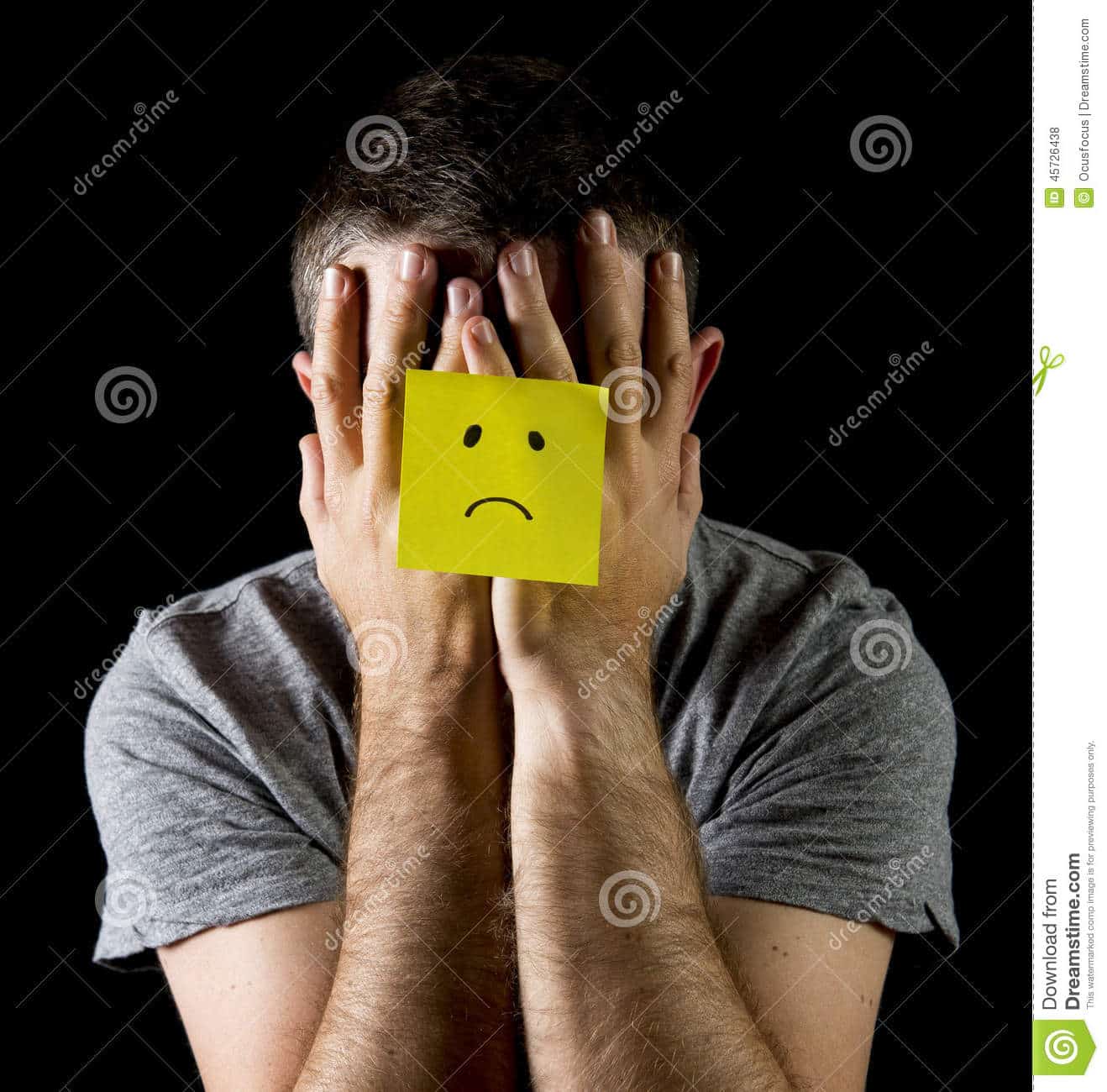 Young Man Suffering Depression and Stress Alone with Sad Face Post it ...